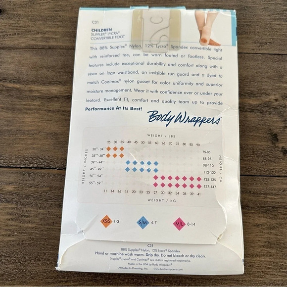 New Body Wrappers Child size S/M 4-7 Suntan C 31 Convertible Foot Tights Dance - Picture 4 of 4